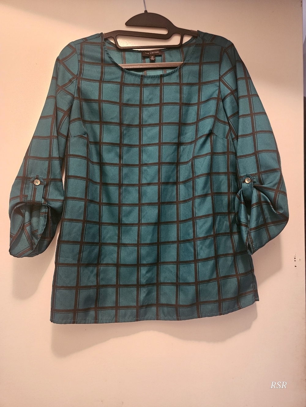 The Limited Teal and Black Windowpane Button-Tab Blouse